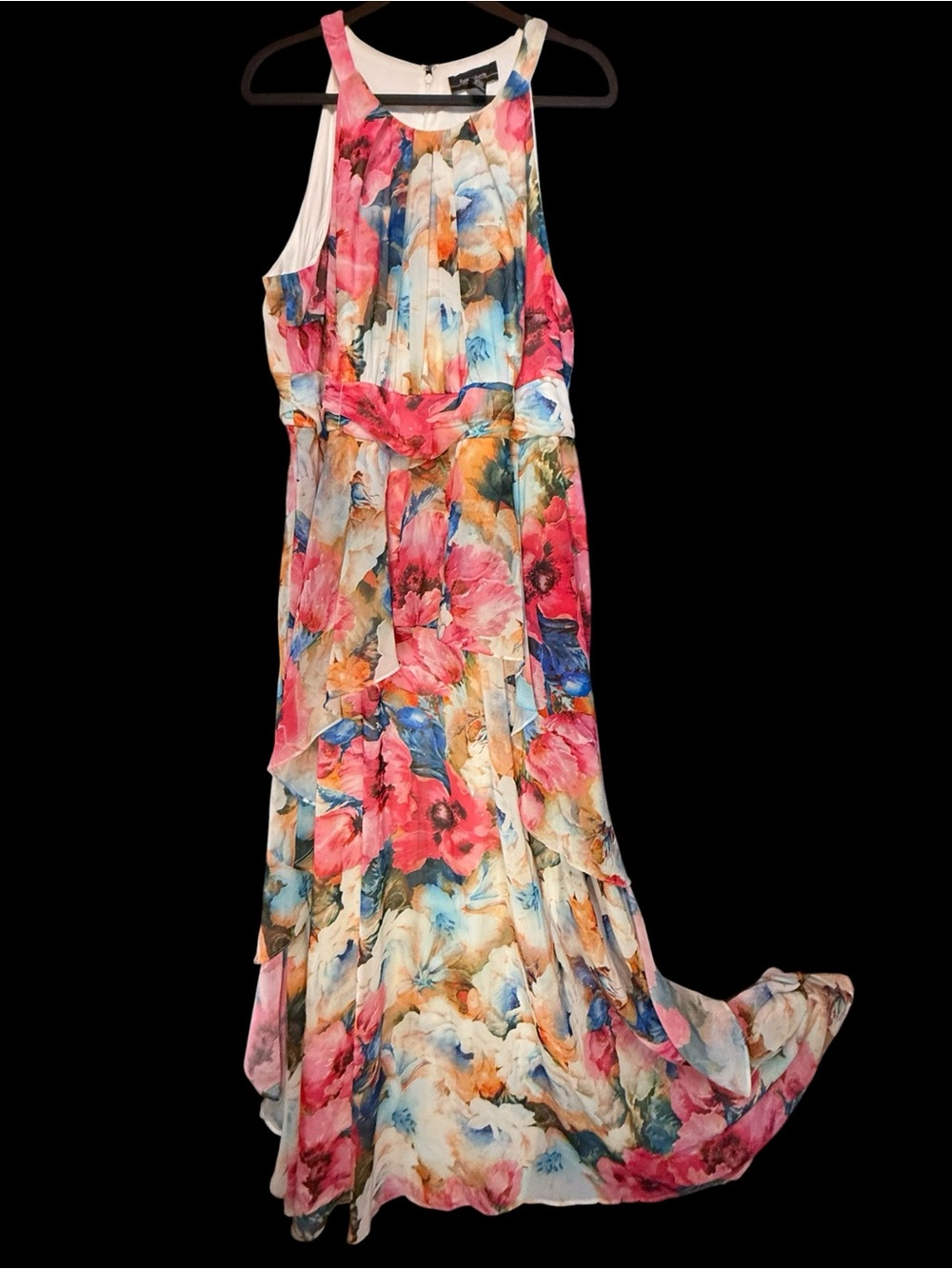 R&M Richards Floral Ruffle Layers Halter Gown Pink Orange Flowy NWT
